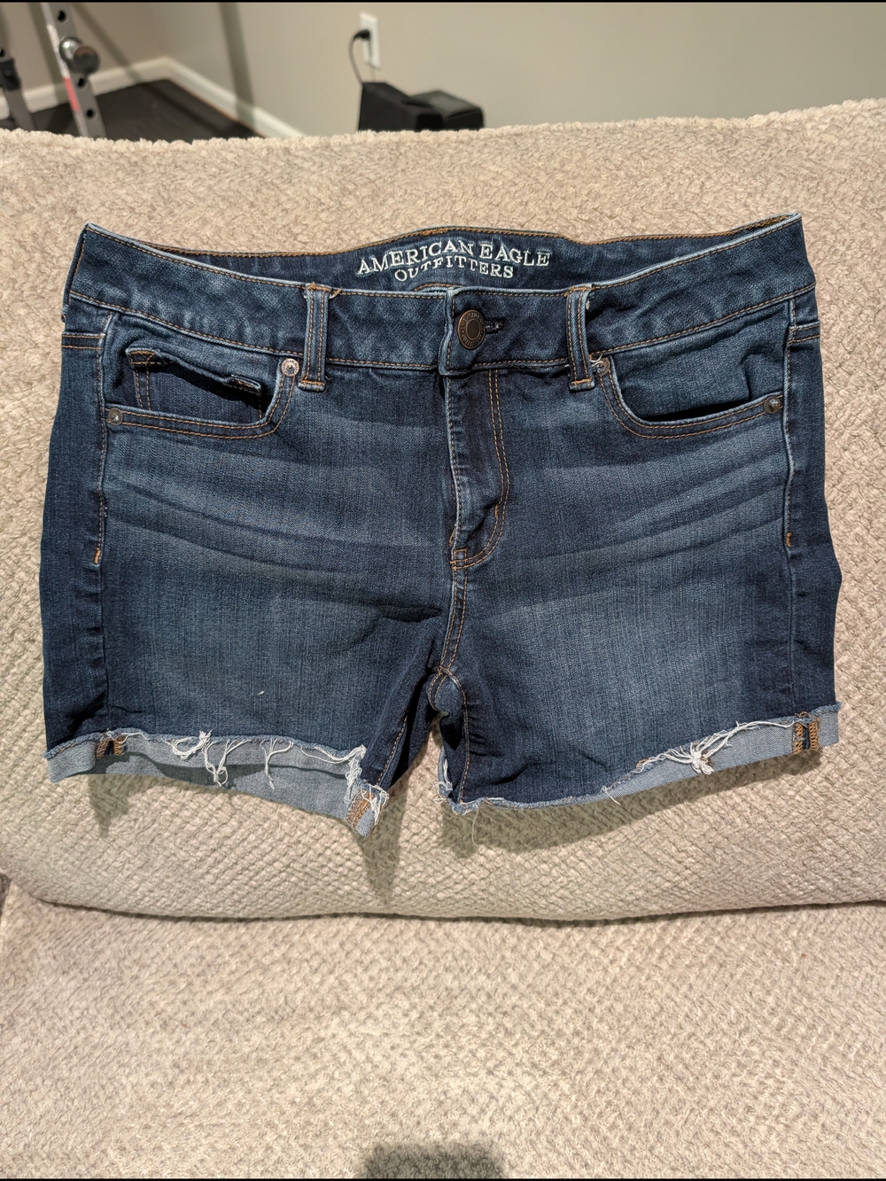 American Eagle Outfitters Dark Blue Frayed Hem Denim Shorts MIDI